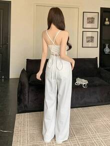 DAZY 春夏寬鬆休閒街頭復古水洗白色直筒牛仔褲 女款牛仔吊帶褲與連身褲 - 白色 - 查看 3