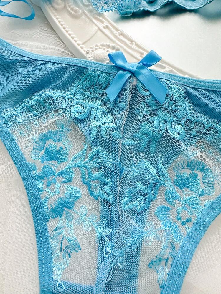 2pcs Sexy Sheer Embroidered Lingerie Set - Blue - View 4