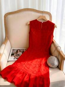 GlowEve Đầm sơ mi nữ thanh lịch, lãng mạn, cổ tròn, không tay, chất liệu chiffon, xếp ly, dáng chữ A, thêu họa tiết, màu trắng, thích hợp cho kỳ nghỉ. - Đỏ - Xem 2