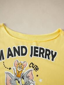 TOM & JERRY X SHEIN Vestido mini asimétrico de mujer con estampado de eslogan - Amarillo claro - Ver 3