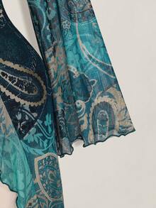 SHEIN ICON Áo kiểu nữ cỡ lớn in họa tiết Paisley, thắt nơ phía trước, thích hợp cho kỳ nghỉ và đi biển. - Màu xanh lam - Xem 4