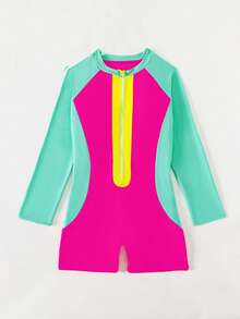 Teen Girls' Color Block Zip Front One-Piece Swimsuit - Multicolor - View 7