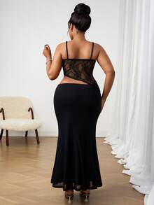 SHEIN PETITE CURVE 大码女式蕾丝拼接美人鱼性感约会派对吊带连衣裙 - 黑色 - 查看 2