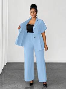 Maweii Bộ đồ nữ thời trang gồm áo cardigan cổ chữ V tay ngắn và quần ống rộng, trang phục nghỉ dưỡng thanh lịch, kiểu dáng tôn dáng, thiết kế độc quyền, cỡ lớn, thích hợp cho mùa xuân/hè/thu. - Màu xanh lam - Xem 3