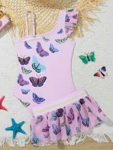 SHEIN Young Girl Butterfly Printed One-Piece Swimsuit Mesh Skirt Set - Multicolor - View 2
