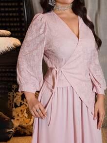 Modelyn White Lilac Autumn Elegant Sexy Golf Women's Jacquard Criss-Cross Tie Asymmetrical Top And Flared Midi Dress Set,Vintage French Style Dinner Gown - Pink - View 9