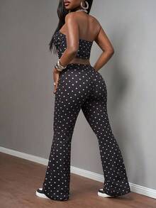 Slaydiva Women's Black And White Polka Dot 2 Piece Set,Summmer 1960s Vintage Bandeau Top & High-Waisted Flared Pant, Fitted Club Night Party Outfits - Multicolor - View 2