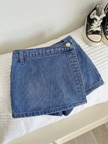 SHEIN Young Girl Black Denim Skort, Kid Girls Spring And Summer Casual Vacation Country Boho Wear, Beach For Kid Girls, Western Street Wear For Girl, Spring Break ,Rave Festival Denim Middle Skort, Graduation ,Vacay - Medium Wash - View 3