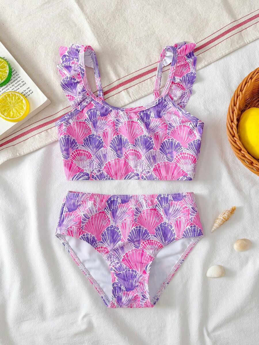 SHEIN Young Girl Seashell Print Ruffle Trim Swimwear Set, Cute - Purple - View 1