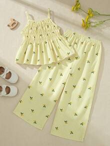 Souflis French Style New Young Girl' Cute Lemon Print Camisole And Flowy Wide Leg Pants Set, Suitable For Casual Outings And Playtime - Yellow - View 2