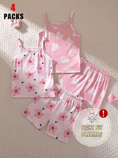 Summer Young Girl Toddler Girls' Spaghetti Strap Knit Trending 4-Piece Set, Casual Shorts Outfit With Floral, Heart, Digital Print Pattern, Tight Soft Comfortable Fabric Pajamas & Loungewear