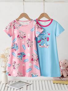 Genkimix Kids 2件套 女童简约可爱卡通兔子印花短袖长款睡衣套装，粉色和蓝色 - 彩色 - 查看 3