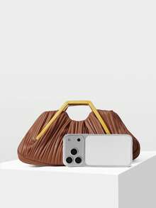 MOTF PREMIUM BOLSO ELEGANTE PLISADO PARA DAMAS, HERRAJES EXQUISITOS PARA LLEVAR EN LA MANO, VERSÁTIL PARA CITAS Y VIAJES - Marrón - Ver 4