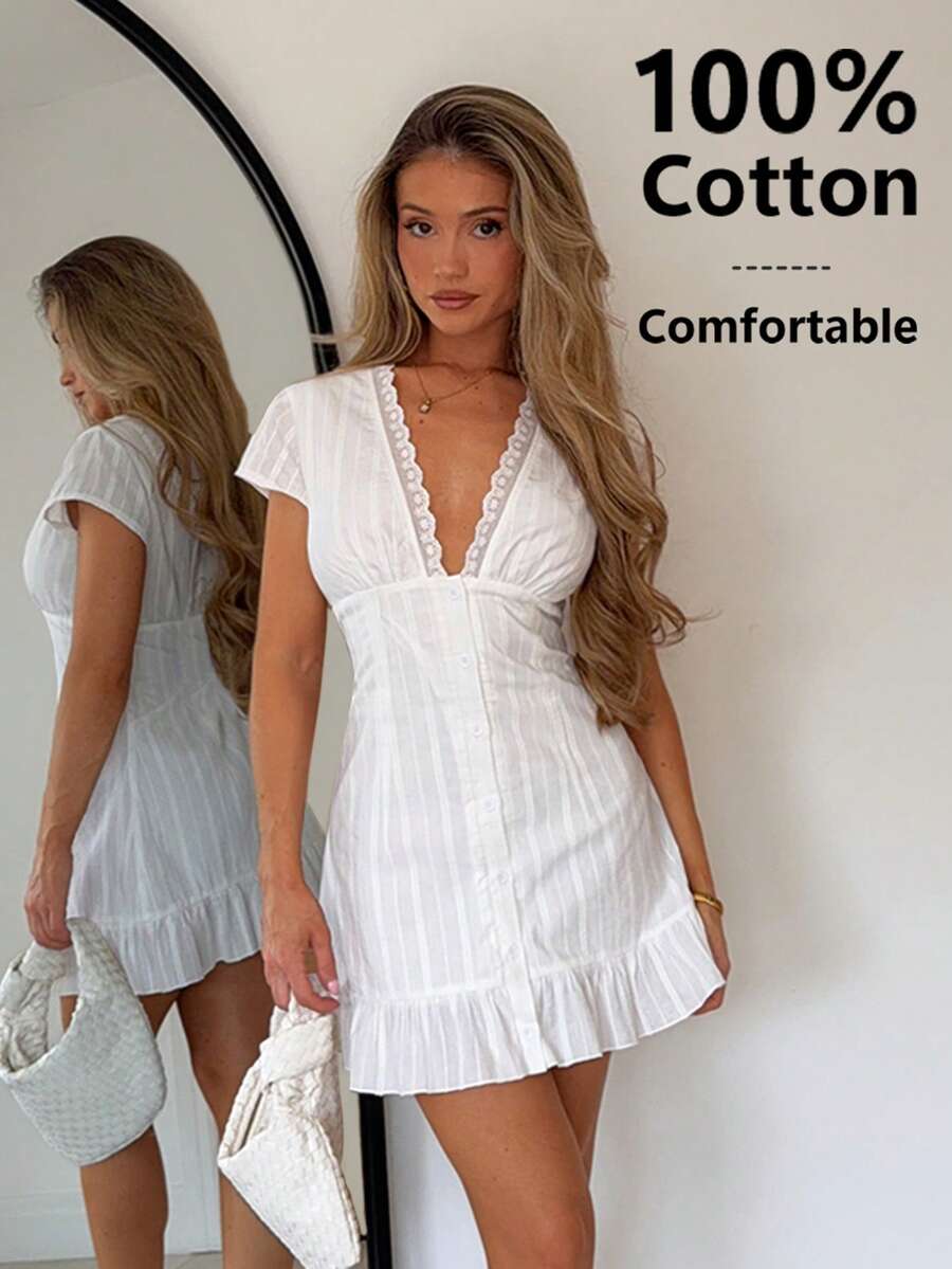 TRNVIE Women's Casual Solid Color Button Front Dress, Summer - White - View 1