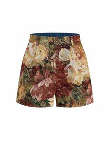 Ellevyn Women Floral Jacquard Loose Shorts Holiday City Break Vacation Dark Green Summer Elegant - Multicolor - View 6