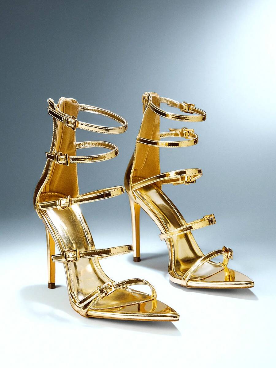 SHUZIA Giày sandal cao gót mũi nhọn đế đơn bằng da giả PU màu vàng ánh kim ánh kim lấp lánh, kiểu dáng dễ thương, gợi cảm, thích hợp cho đám cưới, tiệc tùng, kỳ nghỉ, mùa xuân, hộp đêm, phong cách hot girl mùa hè. - Vàng - Xem 1