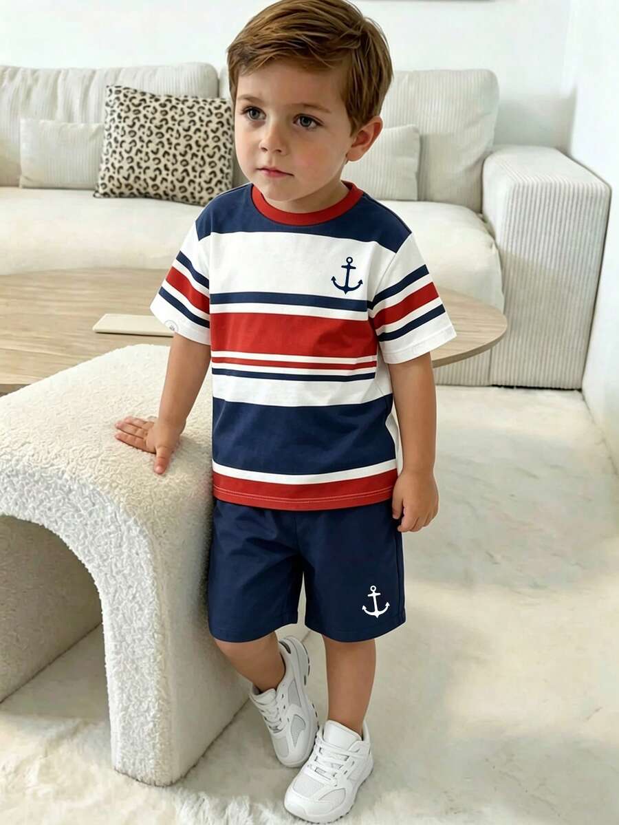 SHEIN Genkimix Kids 男童条纹锚图案圆领短袖T恤短裤套装（2件套），休闲运动装，适合度假、聚会、春夏穿着，轻便舒适，时尚街头风，户外活动、校园活动、送礼佳品。 - 彩色 - 查看 1