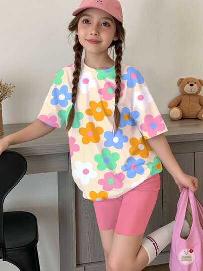 Bộ đồ đôi 2 mảnh cho bé gái tuổi teen, họa tiết hoa dễ thương, áo thun ngắn tay và quần short, màu kem hồng, thích hợp cho mùa hè.