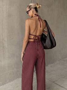 Firerie 女士优雅休闲时尚度假性感音乐节派对新款条纹露背吊带背心和高腰长裤棕色两件套 - 酒紅色 - 查看 13
