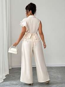 Elenzga Plus Size Women Summer Elegant 2-Piece Suit Set,White,Autumn,Basic,Office,Apricot & Champagne Ruffle One-Shoulder Jacket & Wide Leg Pants  Waist Belt - Apricot - View 2