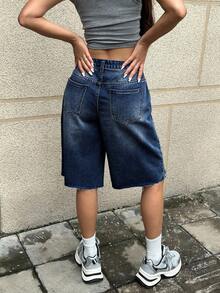 SHEIN EZwear Quần short denim rách gấu có túi dành cho nữ, phong cách đường phố. - Rửa tối - Xem 2