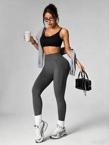 Easithlete Quần legging thể thao thường ngày, ôm sát, không đường may, co giãn cao, thoáng khí. - Màu xám đen - Xem 5
