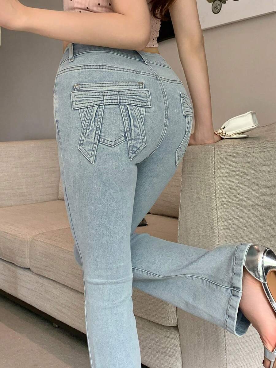 DAZY Quần jeans ống loe dáng ôm dành cho nữ, thích hợp cho mùa xuân và mùa hè. - Màu xanh lam - Xem 1