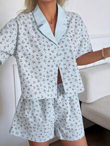 DAZY Women's Ditsy Floral Button-Up Short Sleeve Top And Shorts Pajama Set - White - View 6