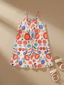SHEIN Vestido de tirantes de tela tejida con estampado floral para niña, adecuado para uso diario en verano, salidas, viajes, vacaciones y fiestas - Multicolor - Ver 6