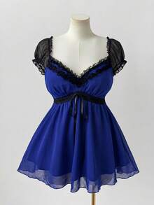 Sunspun Plus Size Women Lace Patchwork Sweetheart Collar Shirt - Royal Blue - View 3