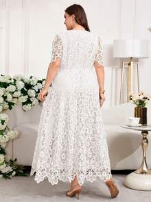 Reflora Plus Size Solid Color Lace Patchwork Round Neck Short Sleeve Dress - White - View 9