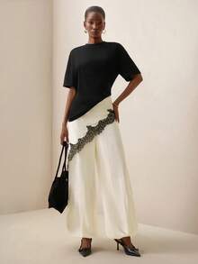 Women's Contrast Lace Loose Wide Leg Pants - Apricot - View 6