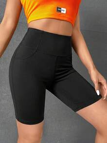 SHEIN PETITE CURVE CURVE 大尺碼女款小個子黑色休閒健身單車短褲，夏季高腰緊身褲，字母貼布縫線設計，適合夏季度假 - 黑色 - 查看 4