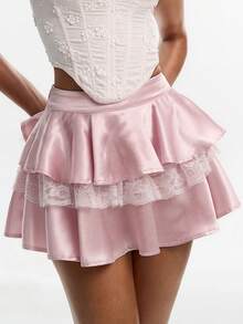 Joudiya Spring Summer Light Pink Loose Casual Cute Skirt, Sweet Fashion Design Contrast Color Hollow Lace Patchwork Cake Skirt For Women Date - Pink - View 4