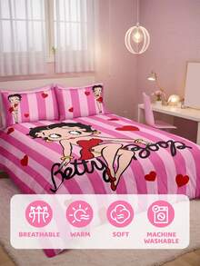 Betty Boop x SHEIN 3Pc Miss Betty Striped Love Print Pattern Quilt Cover Set, Sanded Material, Soft And Warm, Multiple Sizes, Suitable For Single Bed/Double Bed/Queen Bed/King Bed, Machine Washable - Multicolor - View 4