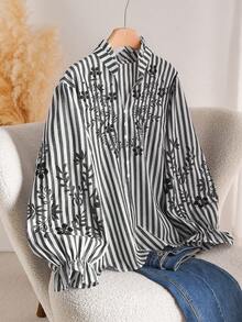 CosyJoli 大码女式时尚休闲条纹刺绣衬衫 - 黑與白 - 查看 6