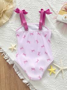 SHEIN Young Girl' Pink Striped Bow Print Contrast Color Bow Decor One-Piece Swimsuit, Spring/Summer - Pink - View 2