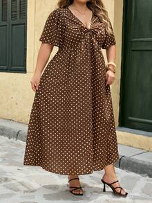 SHEIN CURVE+ Đầm dáng chữ A cổ chữ V thắt eo, cỡ US22, thích hợp cho lễ hội âm nhạc, kỳ nghỉ biển, phong cách bohemian thanh lịch, dài ngang gối, duyên dáng. - Nhiều màu - Xem 7