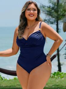 Swim Lushoire Solid Color Waist Cutout Metal Decor Elegant Plus Size One-Piece Swimsuit, Suitable For Beach Vacation - Navy Blue - View 3