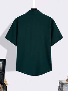 Manfinity Homme Men's Plus Size Ribbed Single-Breasted Pocket Short Sleeve Shirt, Versatile Daily Wear, Ceremony - Dark Green - View 2