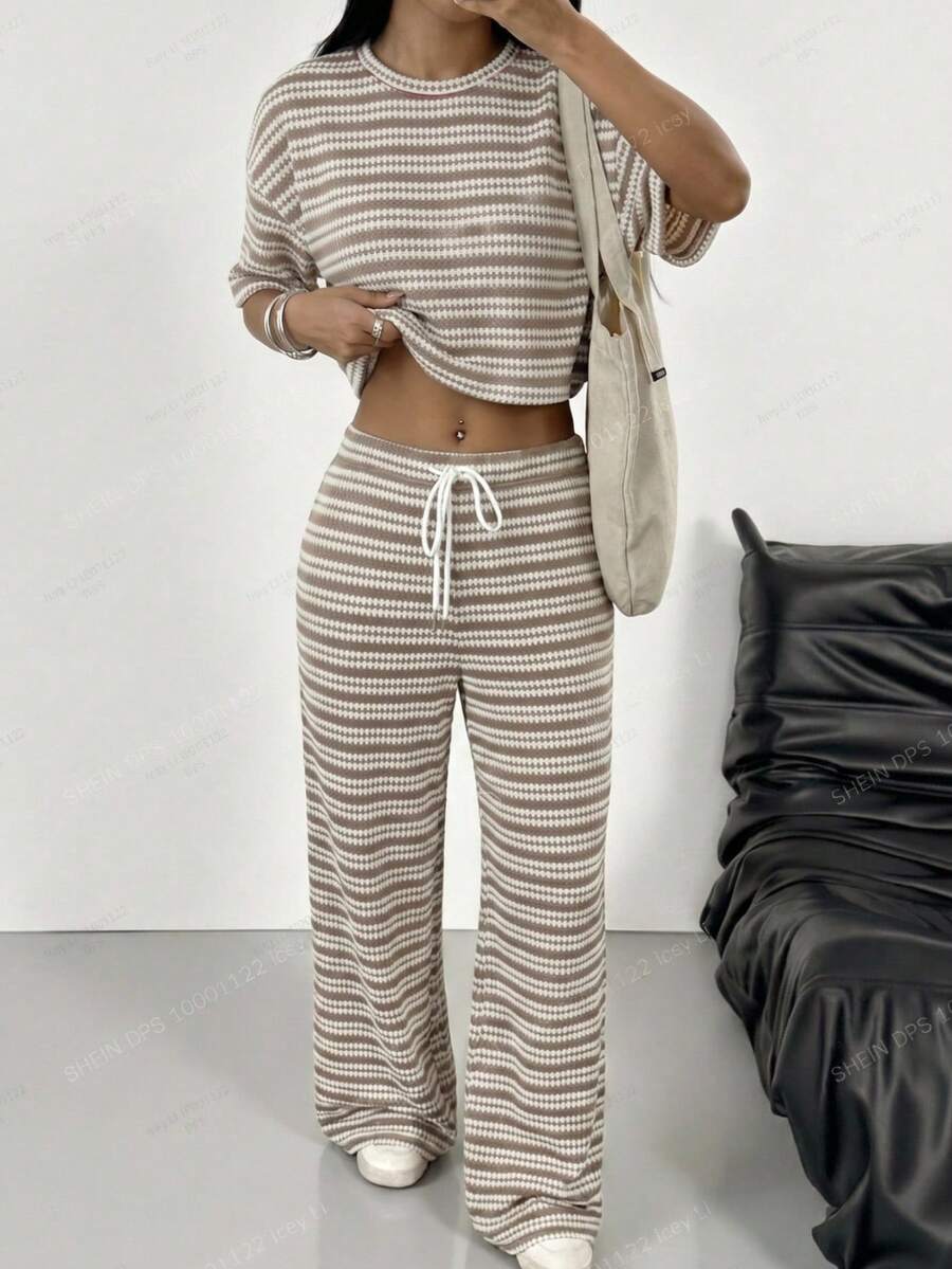 SHEIN EZwear 女士圆领条纹上衣搭配抽绳腰长裤休闲套装 - 卡其色 - 查看 1