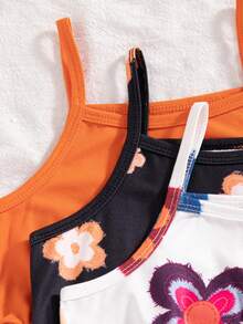 SHEIN Playful Pals 3件組少女夏季2025新款花卉印花與純色連身褲，簡約時尚度假風 - 彩色 - 查看 6