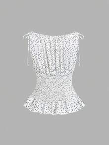 Sweetra Áo tank top nữ mùa hè cổ yếm chấm bi, đen trắng, viền bèo nhún, dáng ôm, phong cách thường ngày đi biển. - trắng - Xem 2
