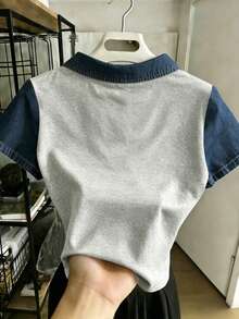 Resyla Women's Fashionable Versatile Denim Effect Print Polo Collar Short Sleeve T-Shirt - Multicolor - View 2