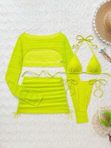 Vaytide New Spring Summer Neon Yellow Textured Mesh Semi-Sheer Halter Neck Side Tie Long Sleeve Crop Top With Side Drawstring, Sexy Beach Vacation 4-Piece Swimwear Set For Women - Green - View 4