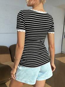 SHEIN Áo thun ngắn tay cổ vuông kẻ sọc dành cho bà bầu - Đen và trắng - Xem 2