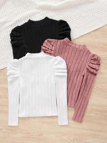 SHEIN 3 件/套 Tween 女童罗纹针织漏斗领修身休闲插肩袖 T 恤 - 藕粉色 - 查看 3