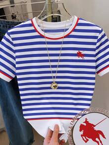 Comfylo Plus Size Women Blue And White Stripe Patchwork Knight Print Round Neck Short Sleeve T-Shirt T-Shirt Short Sleeve Top Casual T-Shirt Summer Top Tshirts For Women Casual Tshirt For Women Round Neck T Shirt Women Nautical Clothing For Women For Women Mother's Day Festival Outfit Women School - Multicolor - View 2