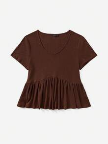 SHEIN VCAY Plus Size Women's Solid Color V-Neck Ruched Short Sleeve Casual T-Shirt - Coffee Brown - View 3