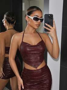 SHEIN ICON Black Knit Halter Neck Top For Women,Summer Top - Burgundy - View 1